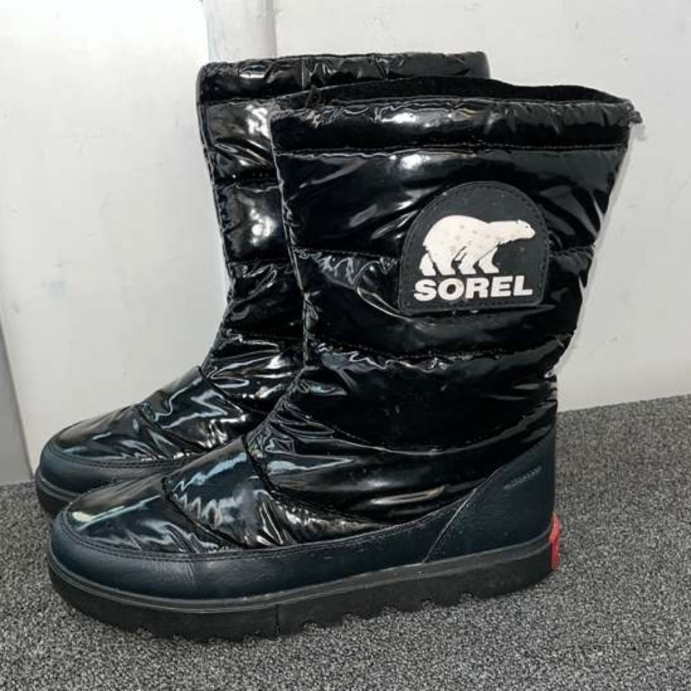 Sorel Black Shiny Puffer Winter Boots with White Logo